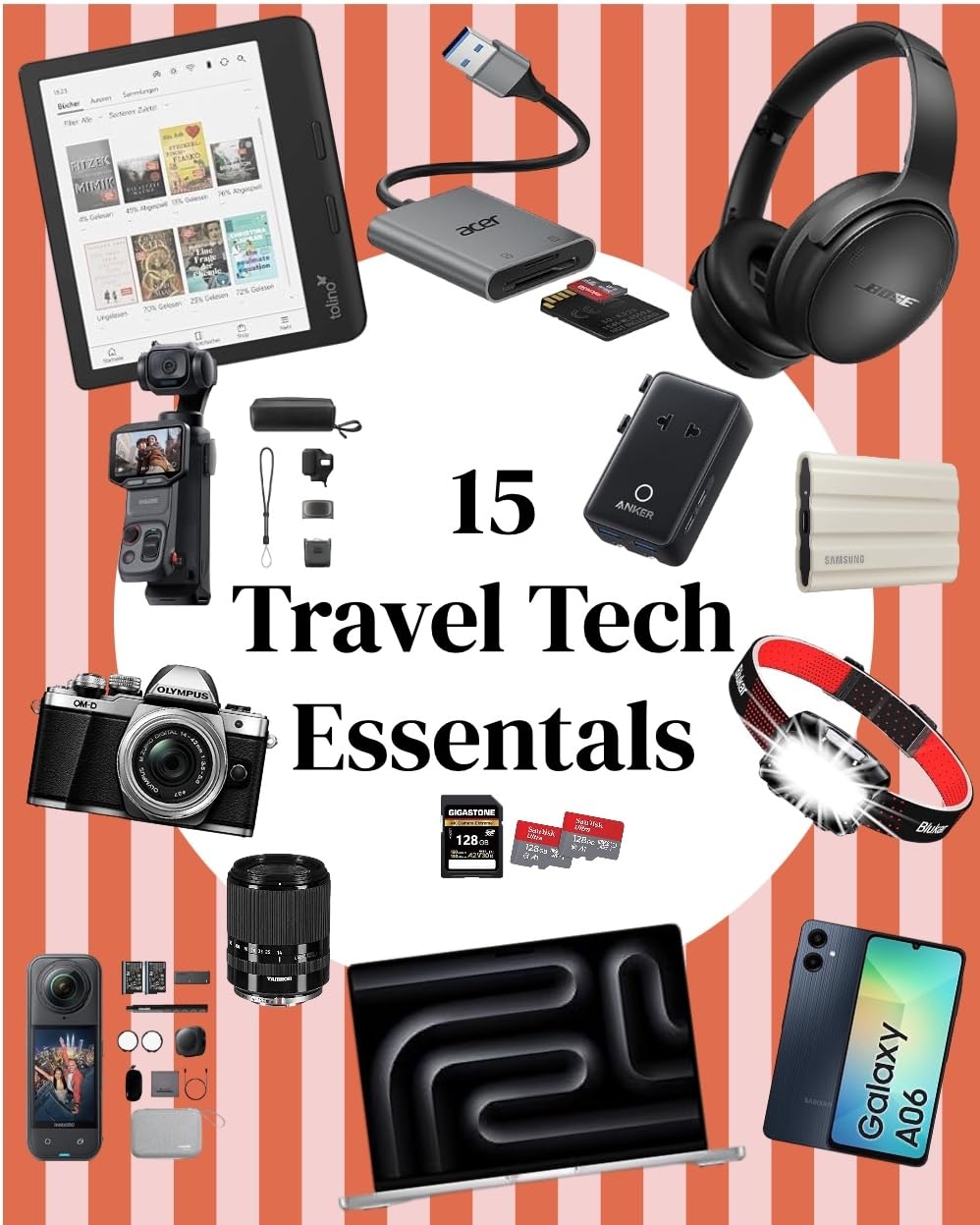 travel tech essentials, Technik auf reisen, laptop, Reiseadapter, Kameras, sd-karten, e-reader, sd-karten Leser, noise-canceling Kopfhörer